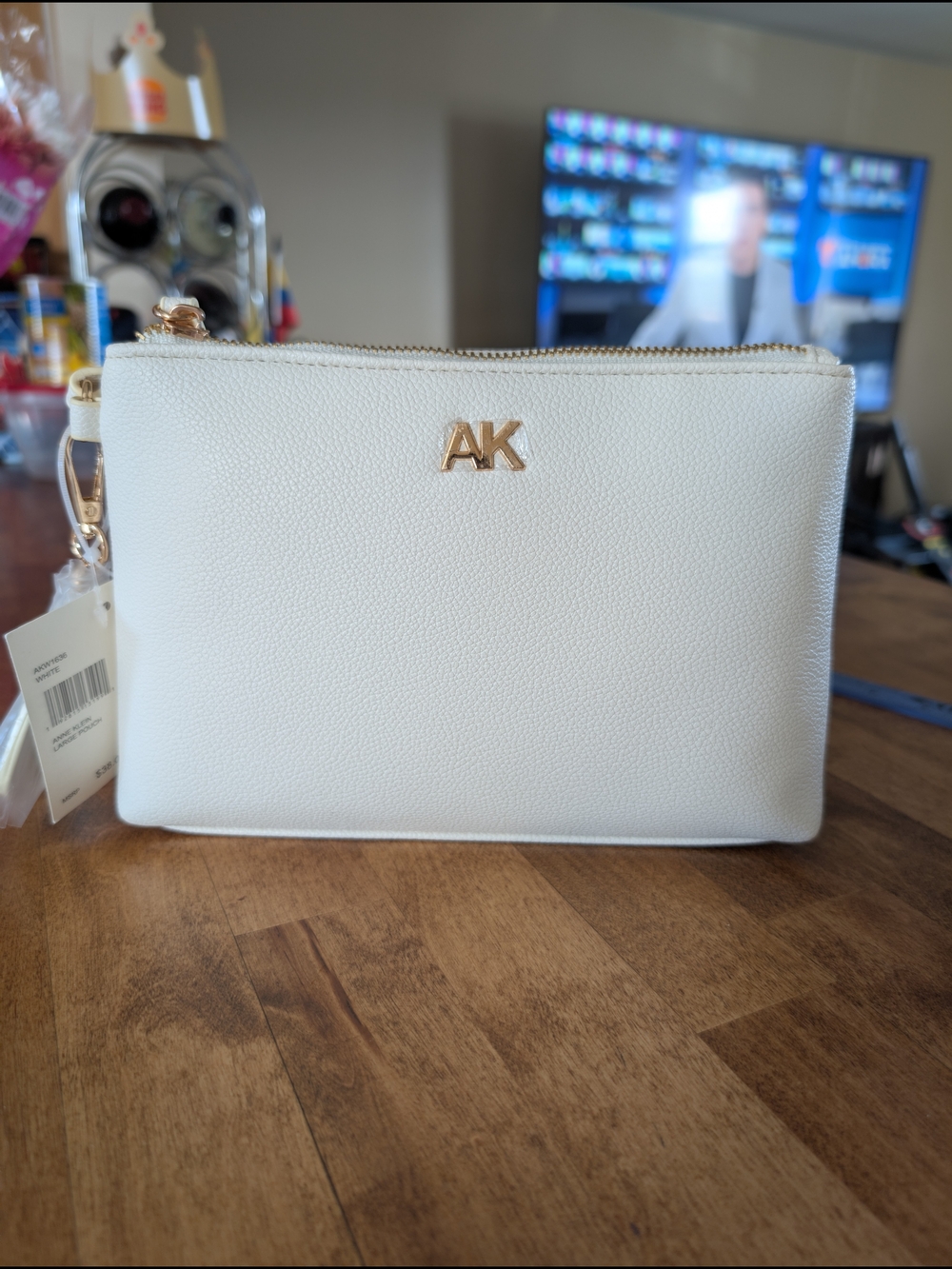 Anne Klein White Pebbled Leather Wristlet with Gold Hardware